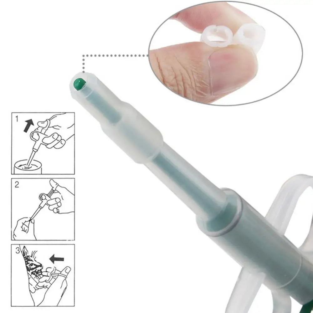 Een pillenschieter voor huisdieren met een zachte rubberen tip en een plunjer, ontworpen om medicijnen veilig en eenvoudig in de mond van huisdieren te plaatsen voor gemakkelijker doorslikken.