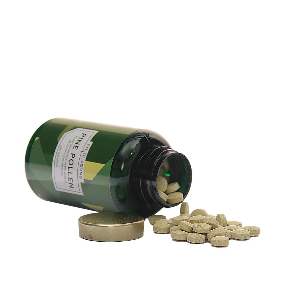 Pine Pollen tabletten uitgeschonken uit potje – vegan supplement