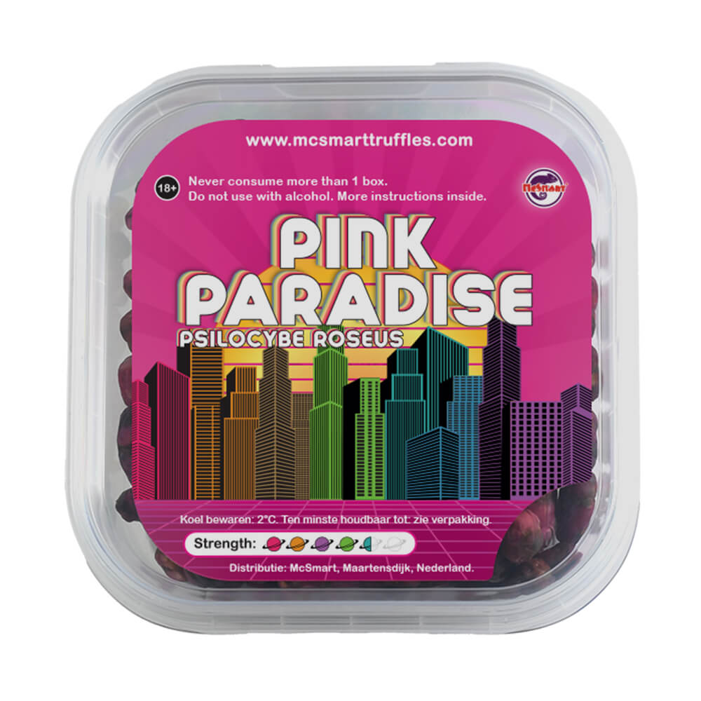 Verpakking van Pink Paradise Magic Truffels, een product van McSmart Truffels.