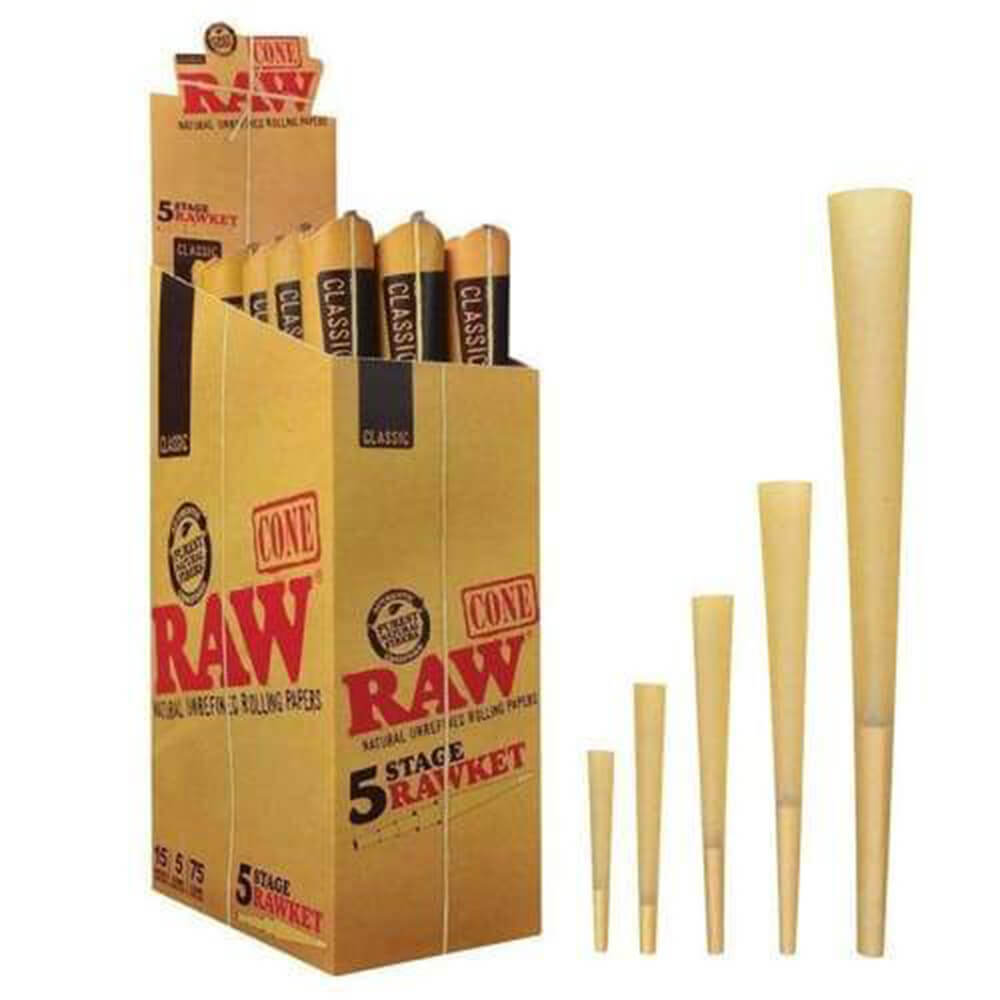 RAW Cone 5 Stage Rawket verpakking met vijf verschillende maten voorgedraaide cones: 1¼, King Size, Peacemaker, Emperador, en Supernatural.