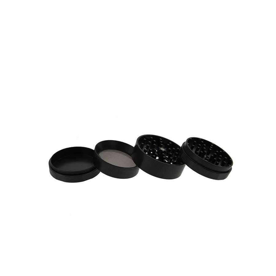 SLX Grinder Aluminium Non-Sticky 62mm zwart – 4-delige grinder uit elkaar gehaald met zichtbare pollenzeef