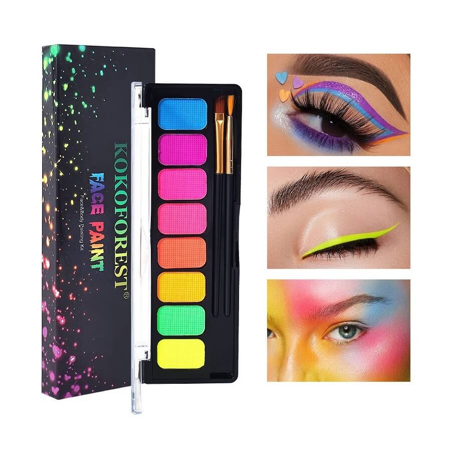 Schmink palet met neonkleuren, inclusief penselen, perfect voor creatieve carnavalslooks en face paint in opvallende kleuren zoals blauw, geel, roze en groen.