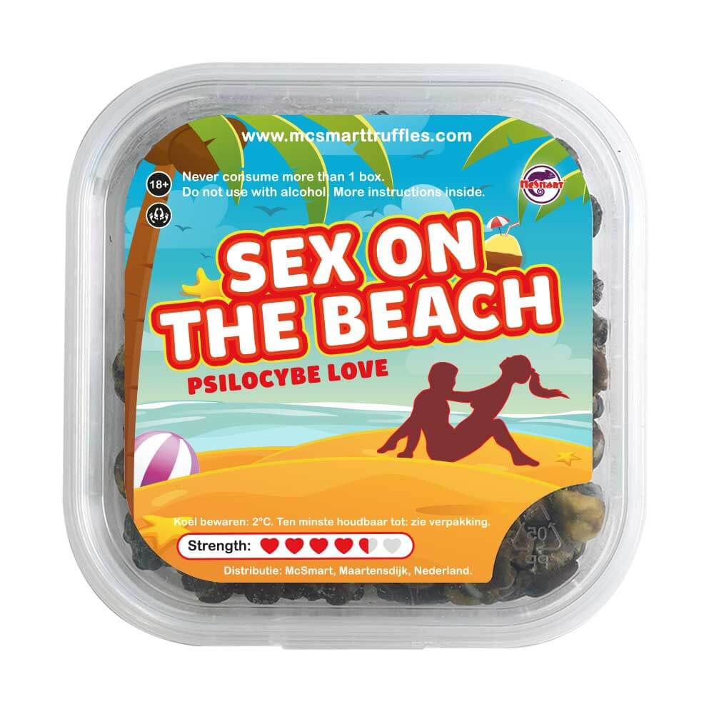 Sex on the Beach Magic Truffels power chart met effecten op visueel, energie, lichaam en geest, en een sterkte-indicator.