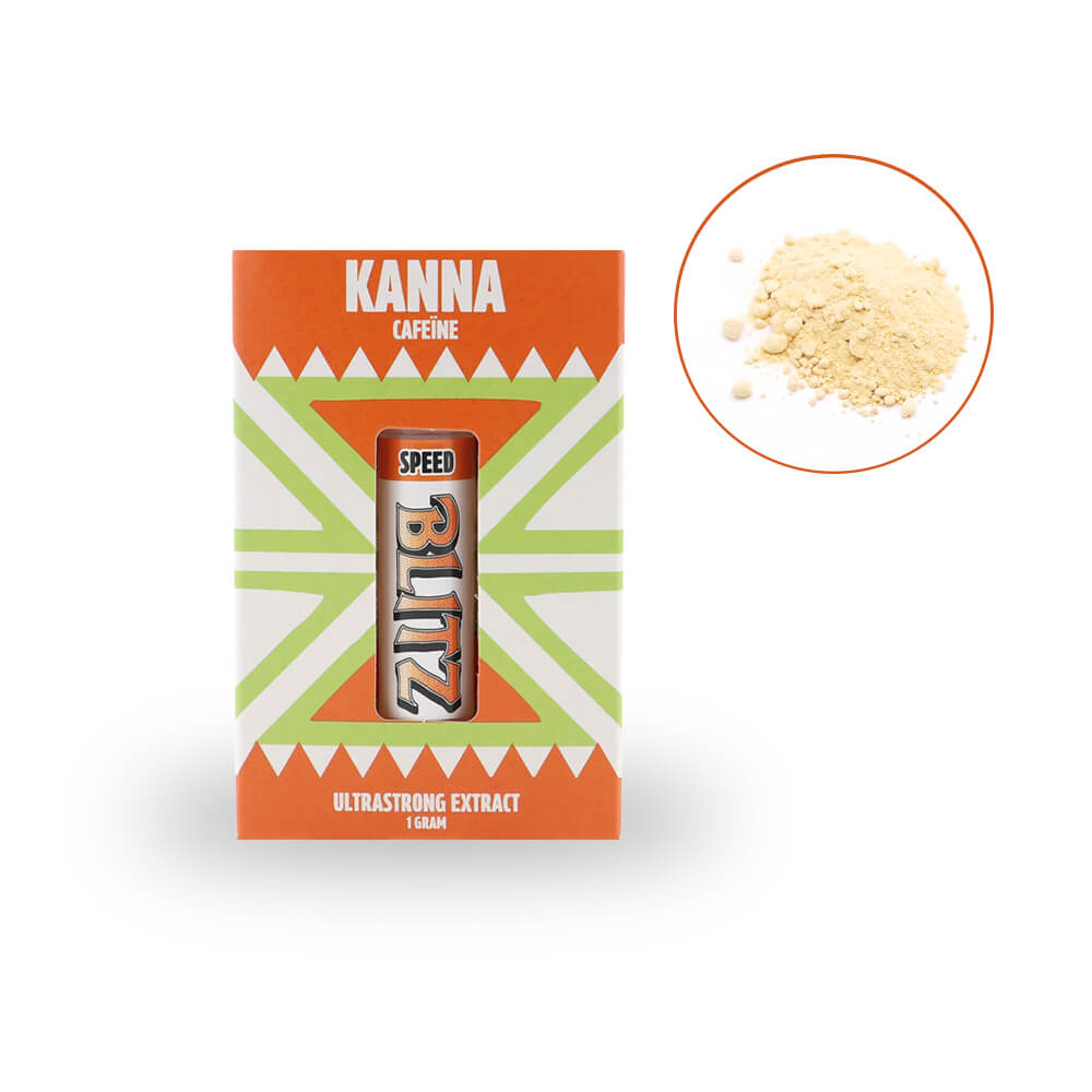 Blitz Speed kanna extract met cafeïne – verpakking en inhoud met lichtgeel poeder