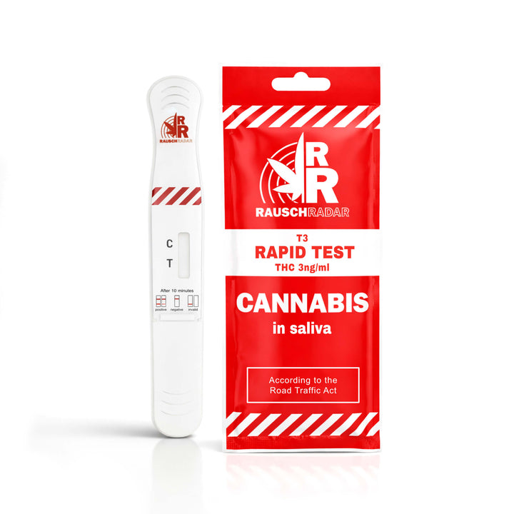 Rausch Radar T3 THC speekseltest 3 ng/ml naast de rode verpakking Cannabis in saliva