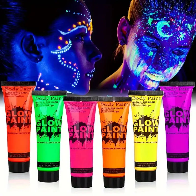 Set van Glow in the Dark Body Paint tubes in verschillende kleuren zoals oranje, groen, roze, geel, en paars, die oplichten onder UV-licht.