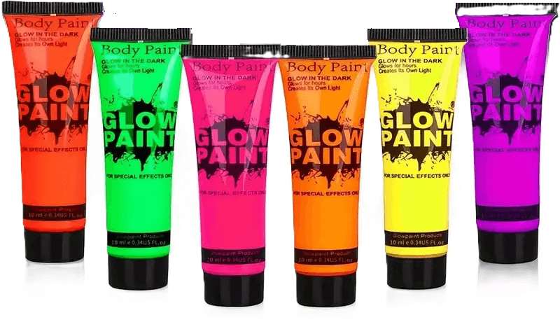 Set van Glow in the Dark Body Paint tubes in verschillende kleuren zoals oranje, groen, roze, geel, en paars, die oplichten onder UV-licht.