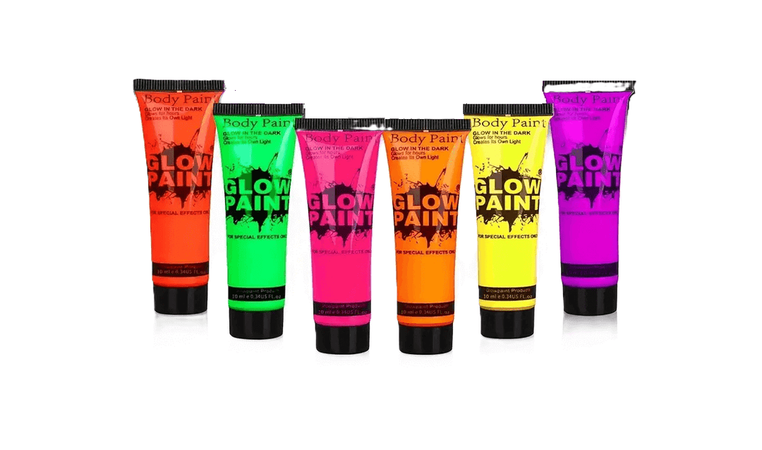 Set van Glow in the Dark Body Paint tubes in verschillende kleuren zoals oranje, groen, roze, geel, en paars, die oplichten onder UV-licht.