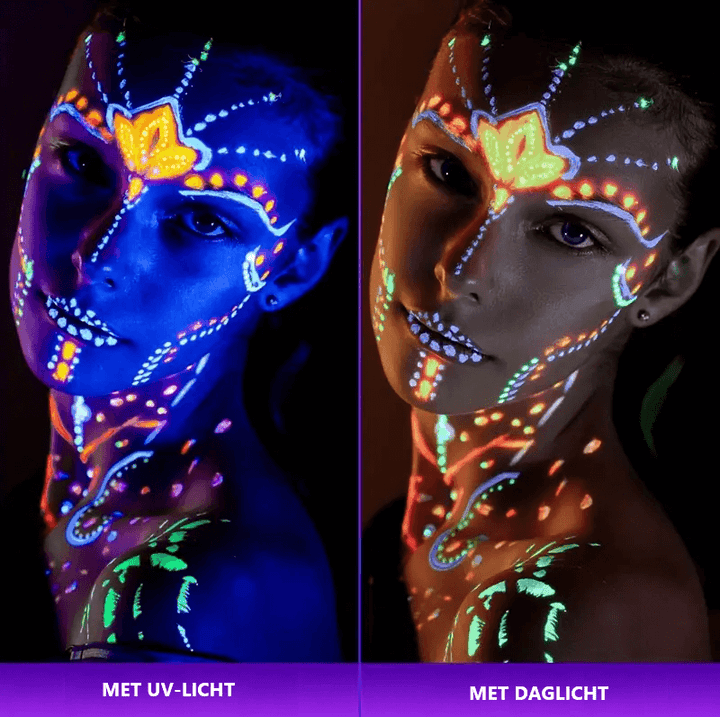 Gezicht beschilderd met Glow in the Dark schmink, die in normale verlichting en onder UV-licht felle neonkleuren toont.