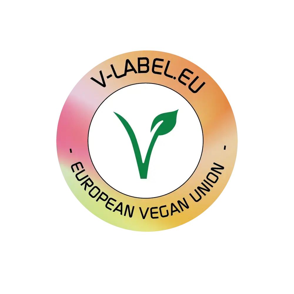 V-label van de European Vegan Union als garantie voor veganistische ingrediënten zonder dierlijke producten.


