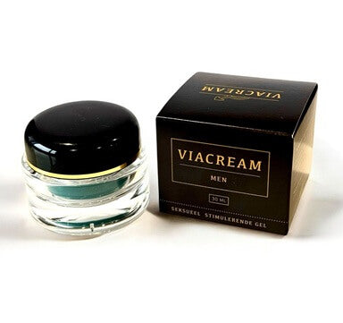 en potje Viacream Men van 30 mL met transparante gel, naast een zwarte en goudkleurige verpakking. Ontworpen om de doorbloeding te stimuleren, een tintelend gevoel te geven en de seksuele ervaring te versterken. Geschikt voor uitwendig gebruik door mannen.