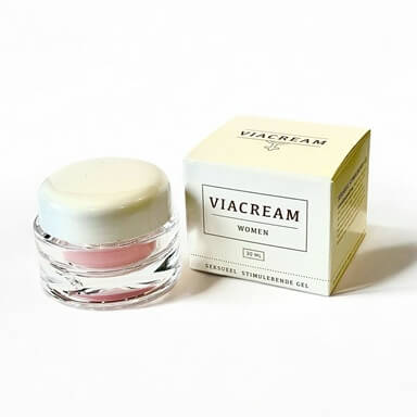 Een potje Viacream Women met een inhoud van 30 mL, naast een bijbehorende verpakking. De verpakking is wit met beige accenten en bevat de tekst "Viacream Women – Seksueel Stimulerende Gel". De gel is ontworpen voor vrouwen en bevordert een verhoogde gevoeligheid en genot.