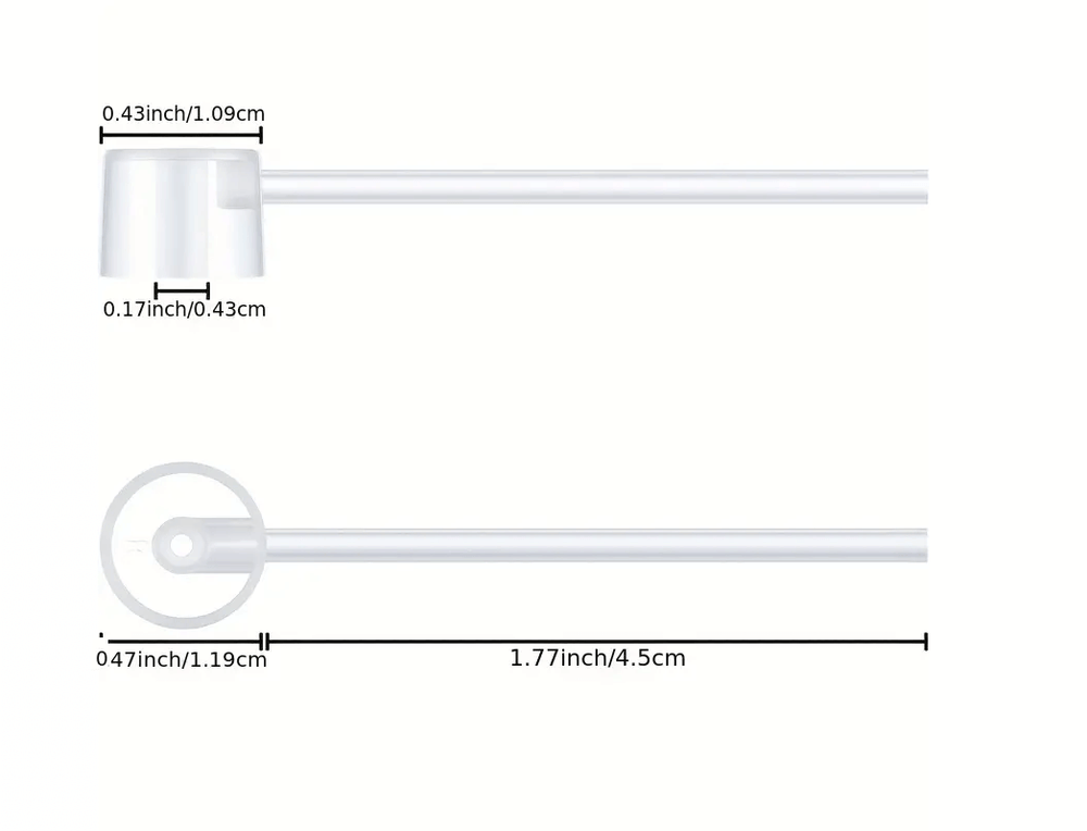 Transparant plastic pompje voor het gemakkelijk overgieten van vloeistof van grote naar kleine flesjes of verstuivers, met een lengte van 4,5 cm en een diameter van 1,09 cm aan de ene kant en 1,19 cm aan de andere kant.