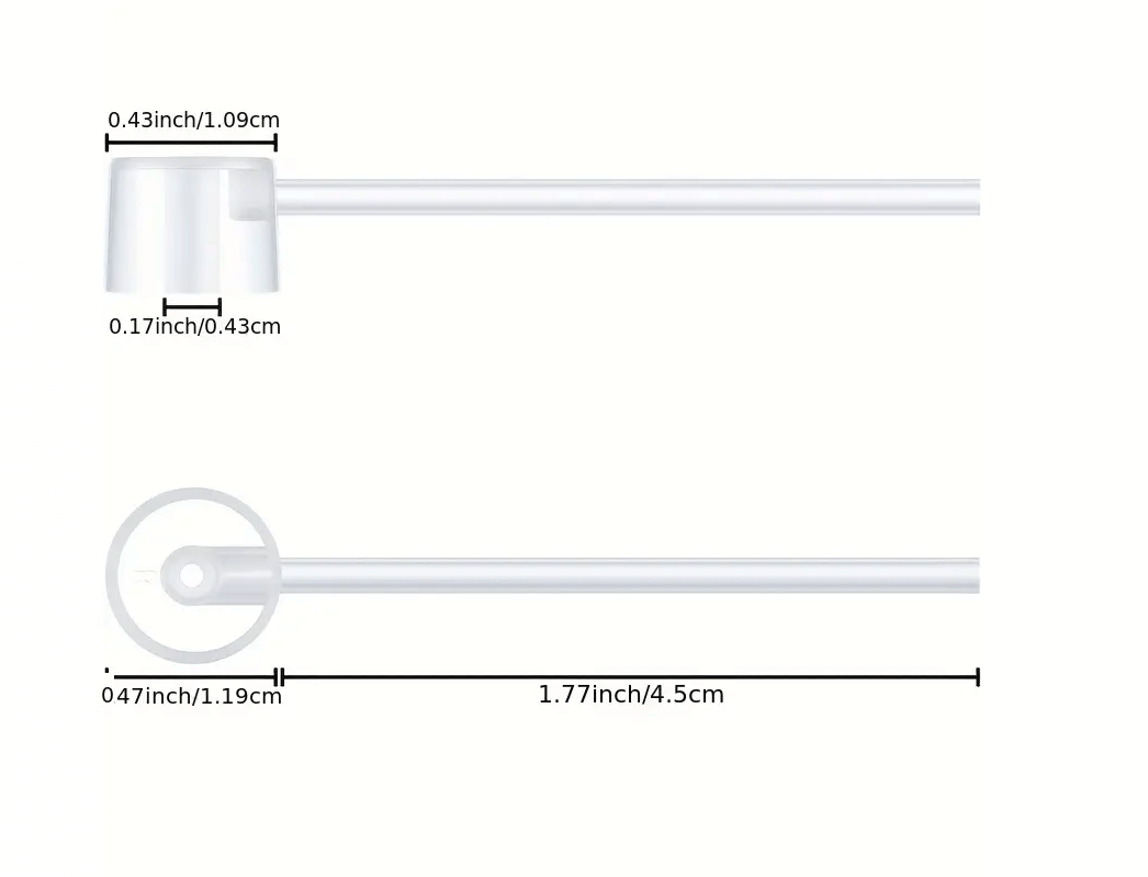 Transparant plastic pompje voor het gemakkelijk overgieten van vloeistof van grote naar kleine flesjes of verstuivers, met een lengte van 4,5 cm en een diameter van 1,09 cm aan de ene kant en 1,19 cm aan de andere kant.