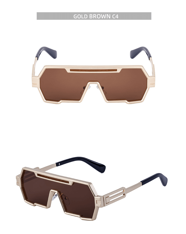 Voor- en zijaanzicht van de Gold Brown zonnebril met goudkleurig frame en bruine glazen, perfect voor festivals en zomerse avonturen.