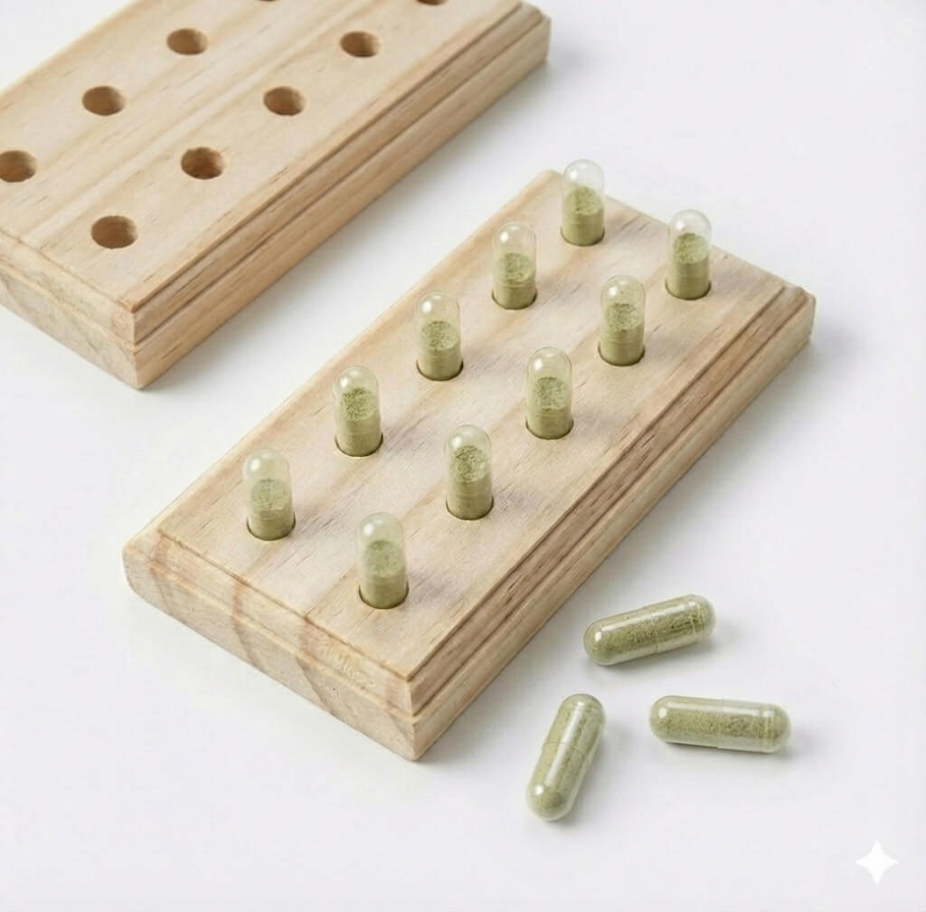 Houten capsulehouder met gevulde capsules maat 0 en 1