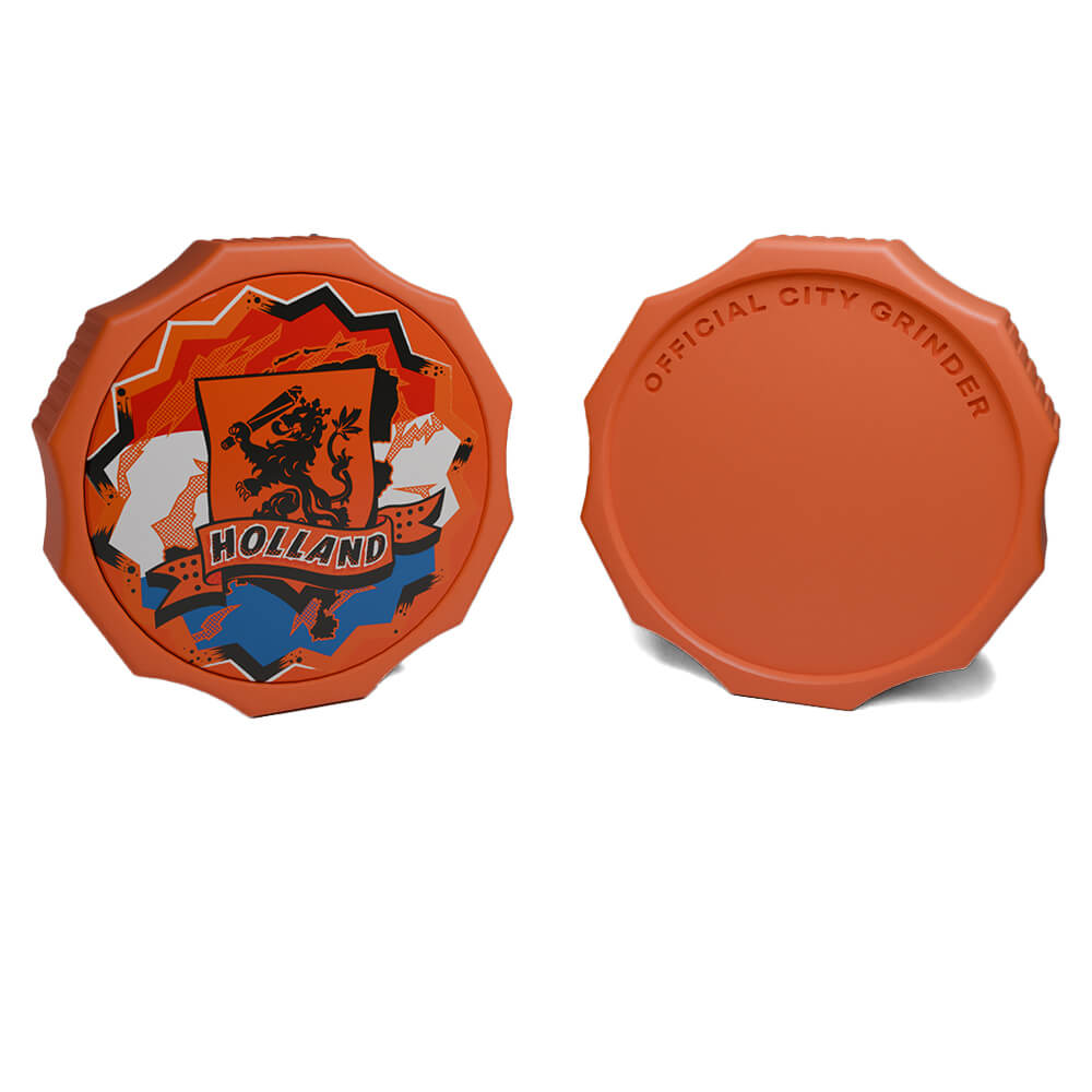Boven- en onderkant van de Holland City Grinder 55mm - Official City Grinder opschrift