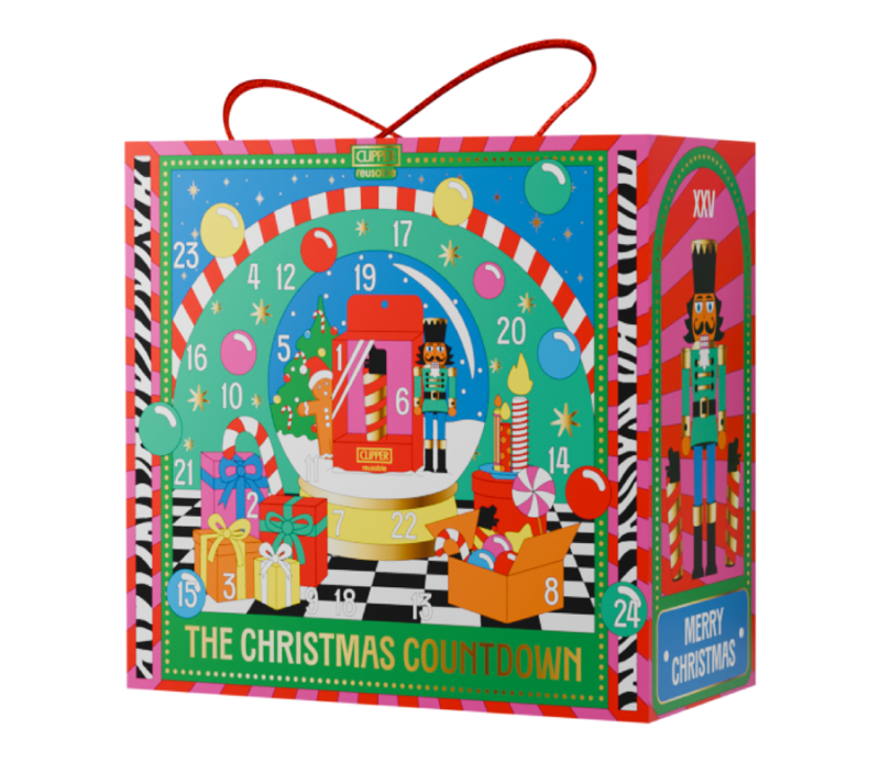 Clipper Adventskalender 2025 – kleurrijk Pop-Art design met 24 verrassingen en limited lighters.