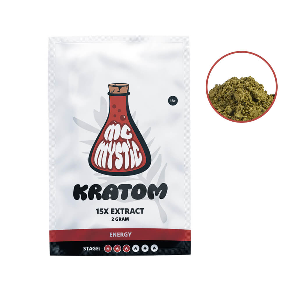 Zakje Kratom 15x Extract McMystic voorkant, 2 gram Mitragyna speciosa, 18+