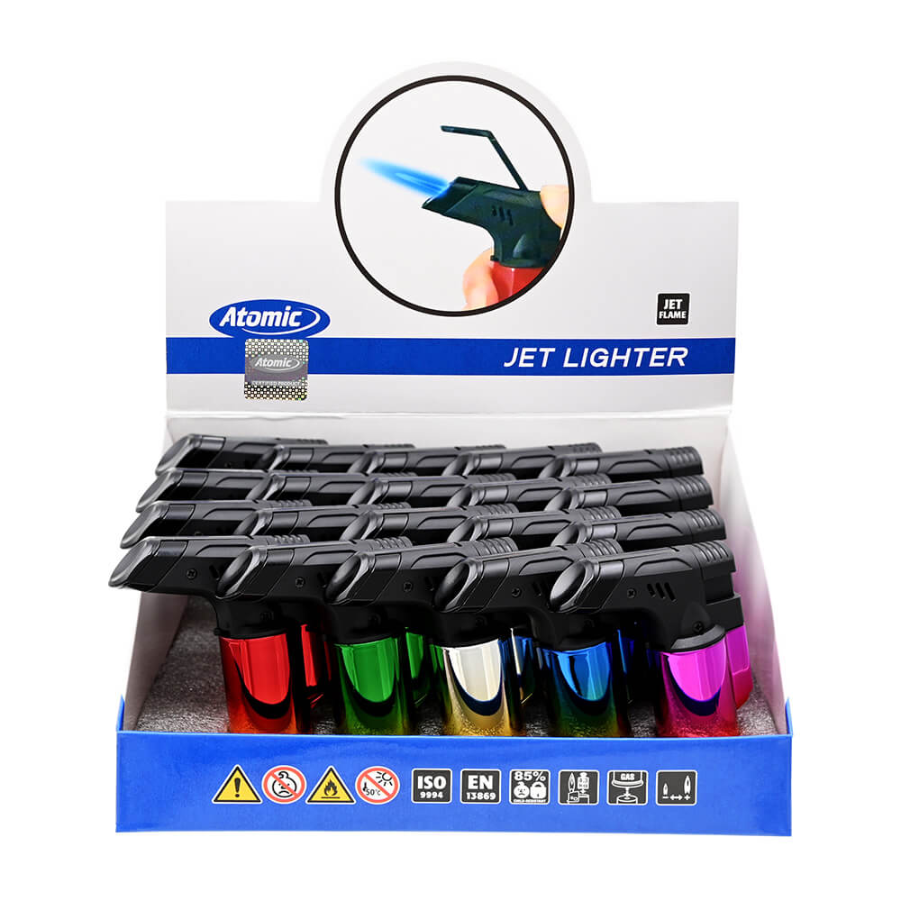 Display met Atomic jet flame aanstekers in verschillende kleuren