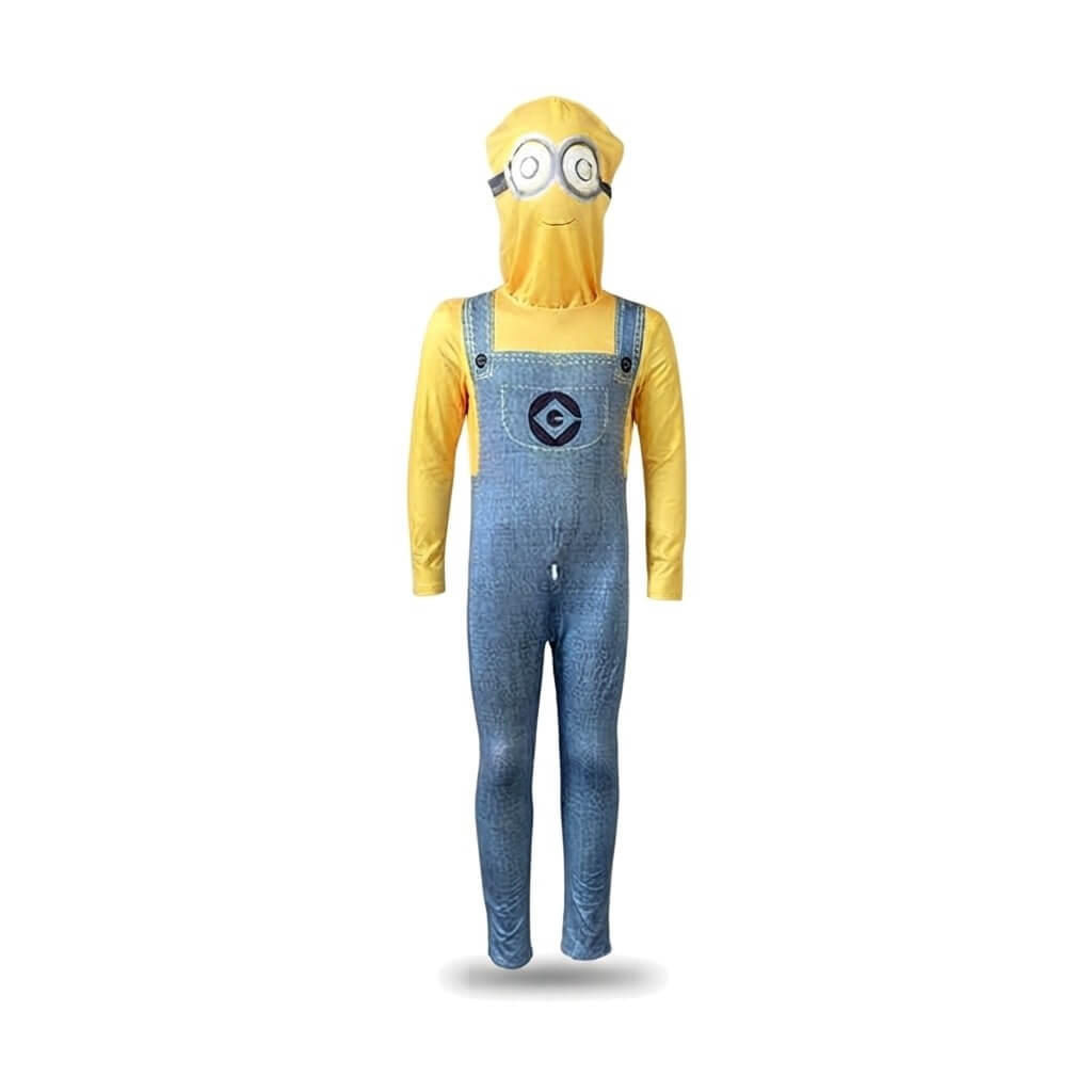 Minion kostuum met tuinbroekprint en losse kap met bril, voorkant
