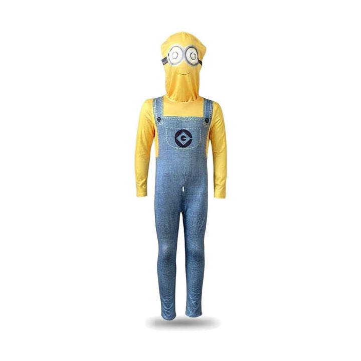 Minion kostuum met tuinbroekprint en losse kap met bril, voorkant