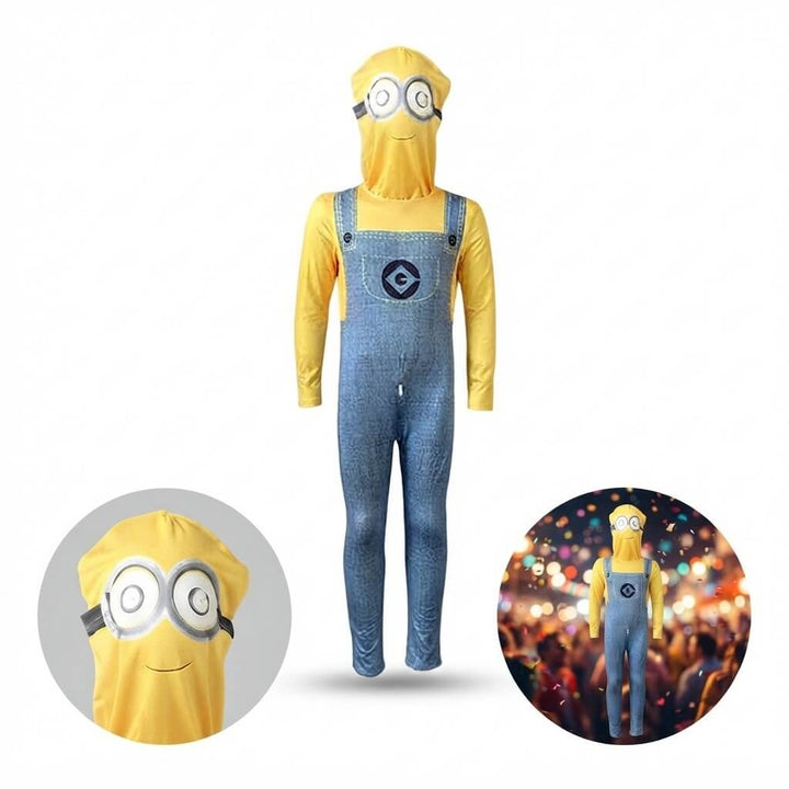 Minion kostuum met detail van de losse kap en sfeerbeeld op een carnavalsfeest