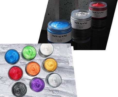 Set van gekleurde haarwax in potjes, beschikbaar in kleuren zoals blauw, rood, groen, wit, paars, goud en zilver. Perfect voor tijdelijke haarkleuring tijdens carnaval.