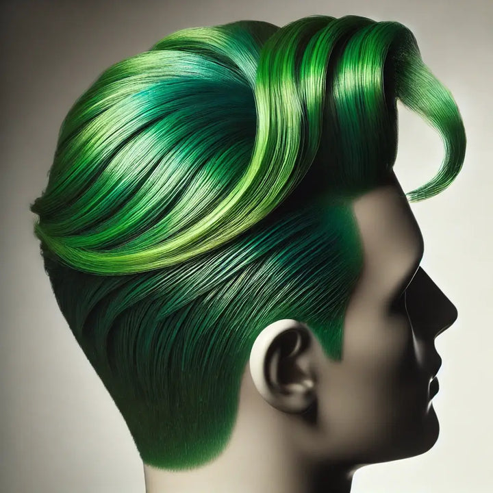 Realistische close-up van haar gestyled met groene tijdelijke haarwax, perfect voor een levendige carnavalsstijl.