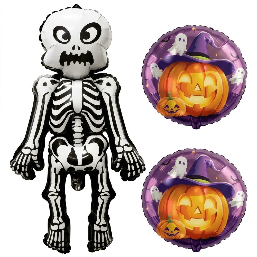 Zwart-witte skeletballon met grote ogen, met een ronde paarse ballon met pompoen en heksenhoed