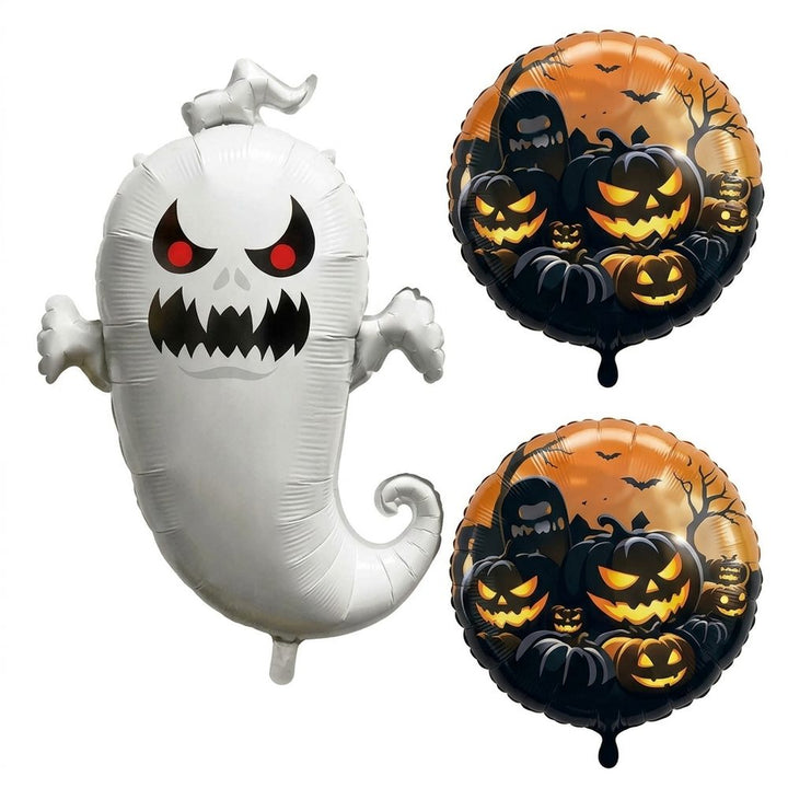 Witte spookballon met rode ogen en scherpe tanden, met een ronde oranje-zwarte ballon met Halloween-pompoenen