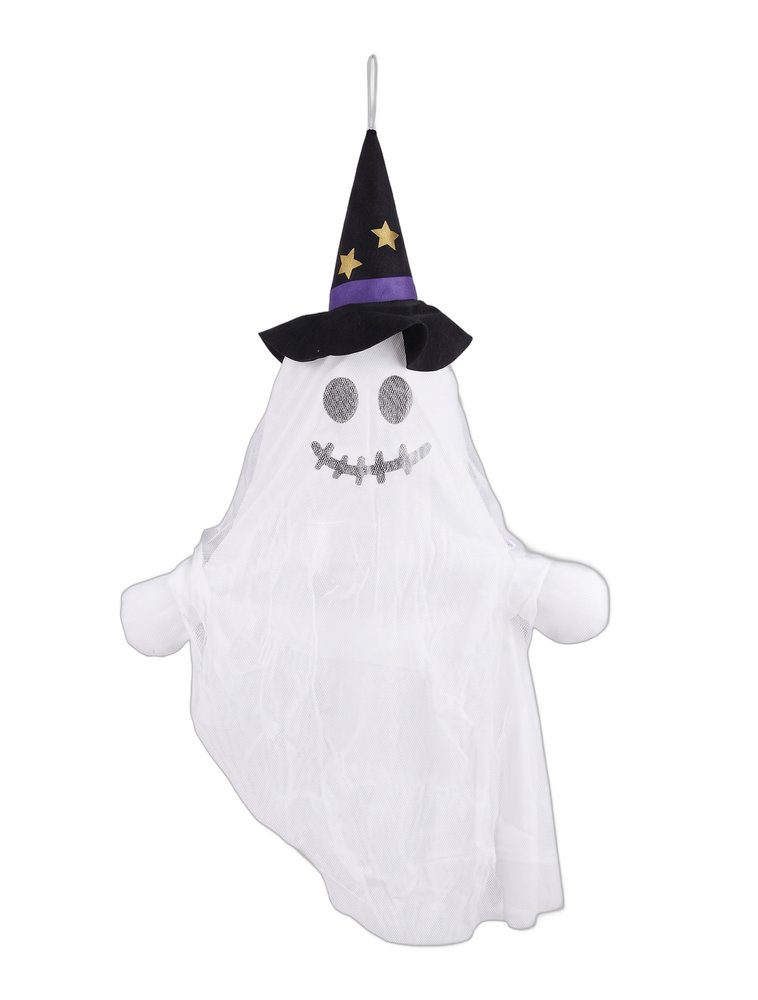 Wit hangend Halloween spook met zwarte heksenhoed met gouden sterren