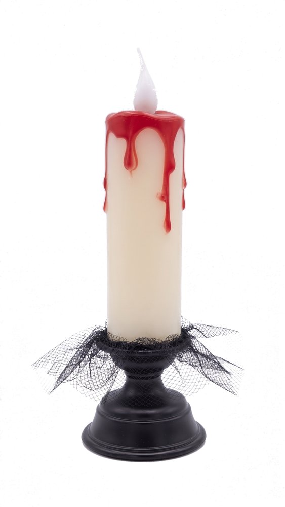 Halloween LED stompkaars met rode bloeddruppels op een zwarte kandelaar met zwart gaas