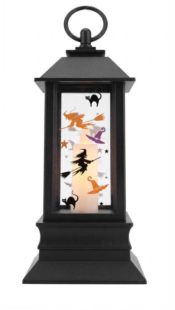 Zwarte Halloween LED lantaarn met heksen op bezems, katten en heksenhoeden rond een brandende LED-kaars