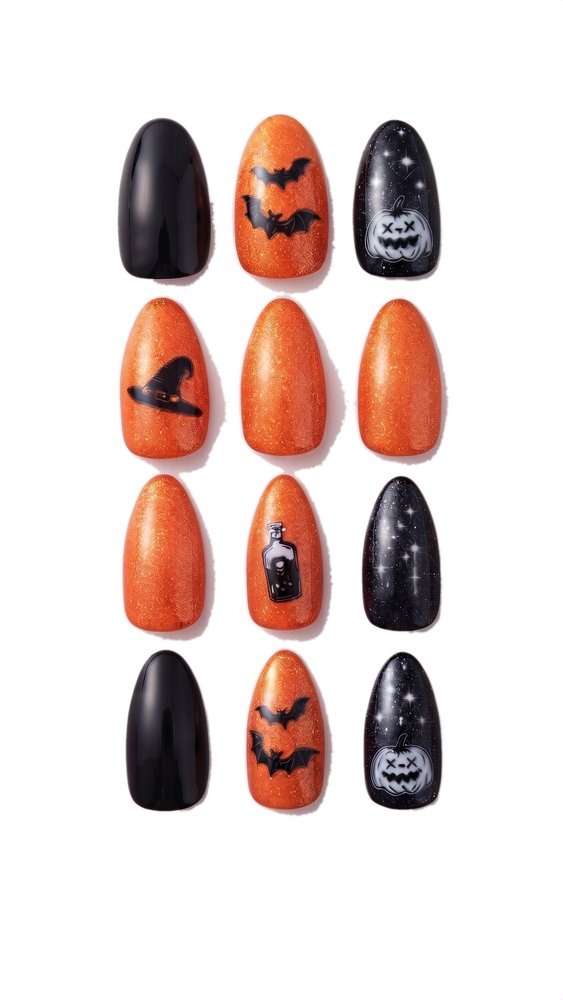 Halloween plaknagels in oranje en zwart met vleermuizen, pompoen, heksenhoed en gifflesje