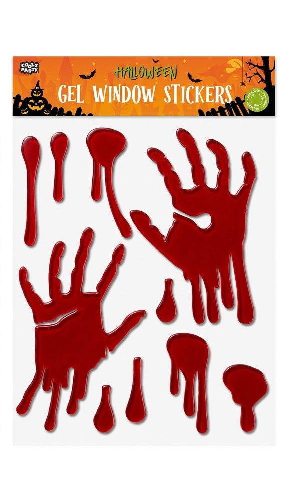Vel met rode gel raamstickers in de vorm van bloeddruppels en bebloede handafdrukken