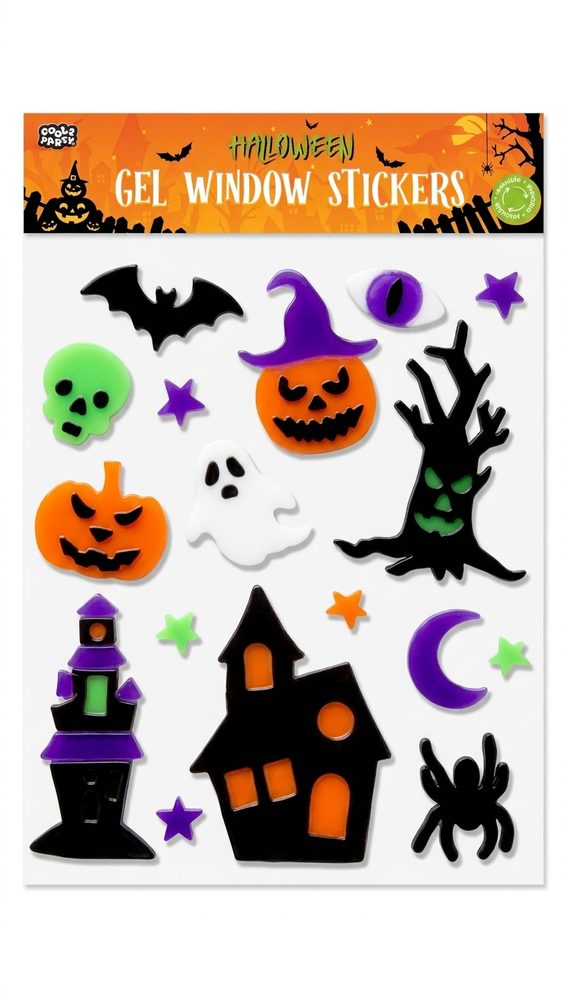Vel met Halloween gel raamstickers: pompoenen, spook, vleermuis, schedel, spookhuis, boom, maan en spin