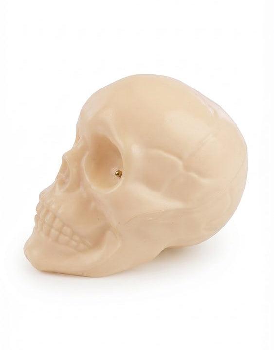 Zijaanzicht van de ivoorkleurige Halloween schedel met LED-lampje in de oogkas