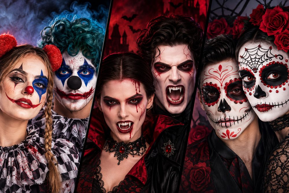 Drie Halloween-looks met schmink: horrorclowns, vampiers met bloed en Day of the Dead-skulls