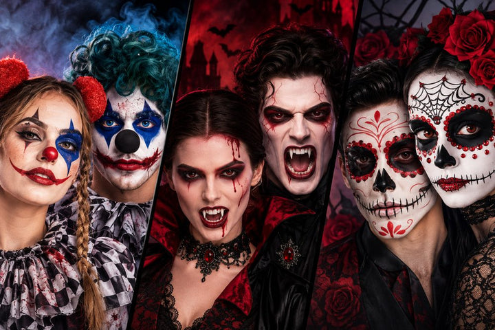 Drie Halloween-looks met schmink: horrorclowns, vampiers met bloed en Day of the Dead-skulls