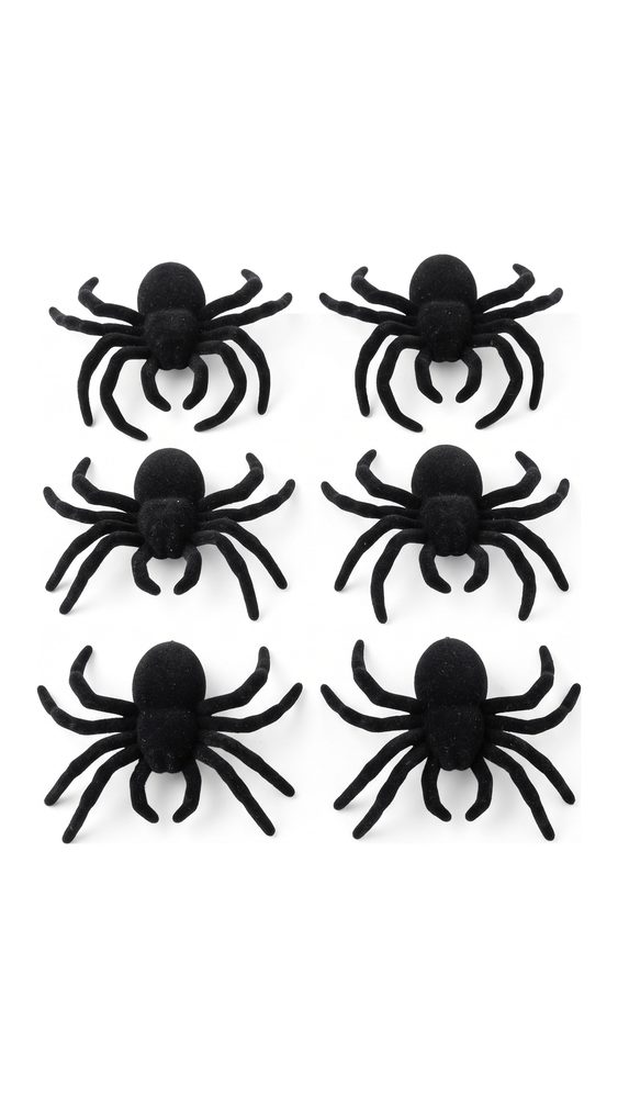 6-set: Zes zwarte Halloween nepspinnen met fluweelachtige look op een witte achtergrond