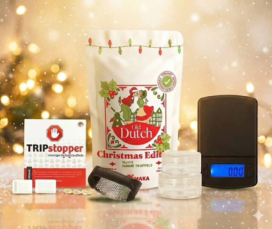 Truffel giftset kersteditie met magic truffles, minieweegschaal, TripStopper en grinder – feestelijke microdosing cadeau set.