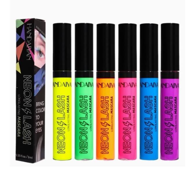 Set van zes gekleurde neon mascara's in geel, groen, oranje, blauw, roze en paars, ideaal voor opvallende neon make-up en gekleurde wimpers tijdens carnaval.