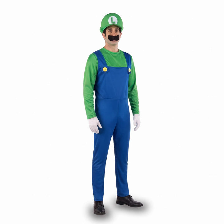 Luigi pak heren, groene jumpsuit met blauwe tuinbroek, pet, snor en witte handschoenen