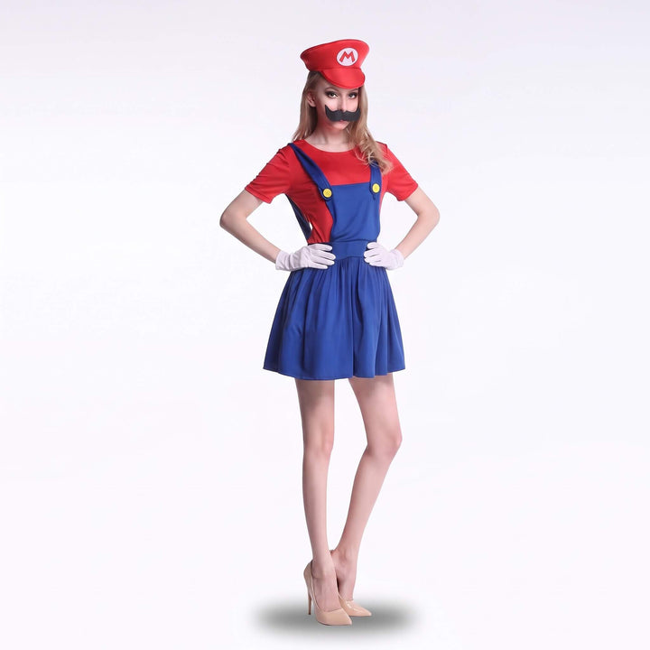  Mario kostuum dames, jumpsuit in jurkjesmodel met rode pet, snor en witte handschoenen