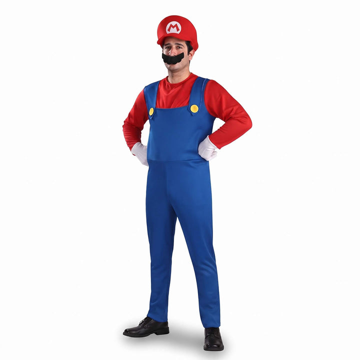  Mario pak heren, rode jumpsuit met blauwe tuinbroek, pet, snor en witte handschoenen