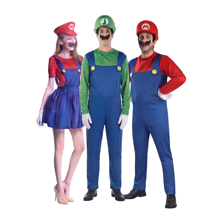 Mario en Luigi kostuum voor volwassenen: Mario pak heren, Luigi pak heren en Mario kostuum dames samen

