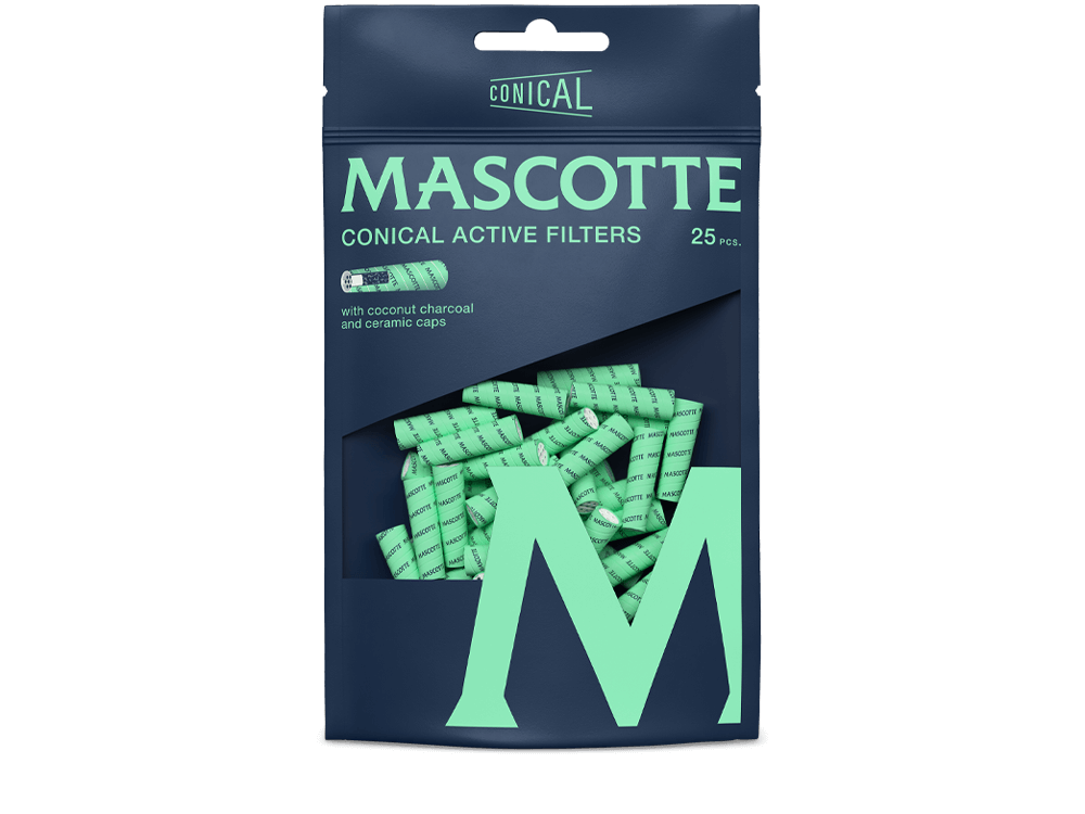 Verpakking van Mascotte Conical Active Slim Filters - 25 stuks in een hersluitbaar zakje, met groene filters zichtbaar door het venster.
