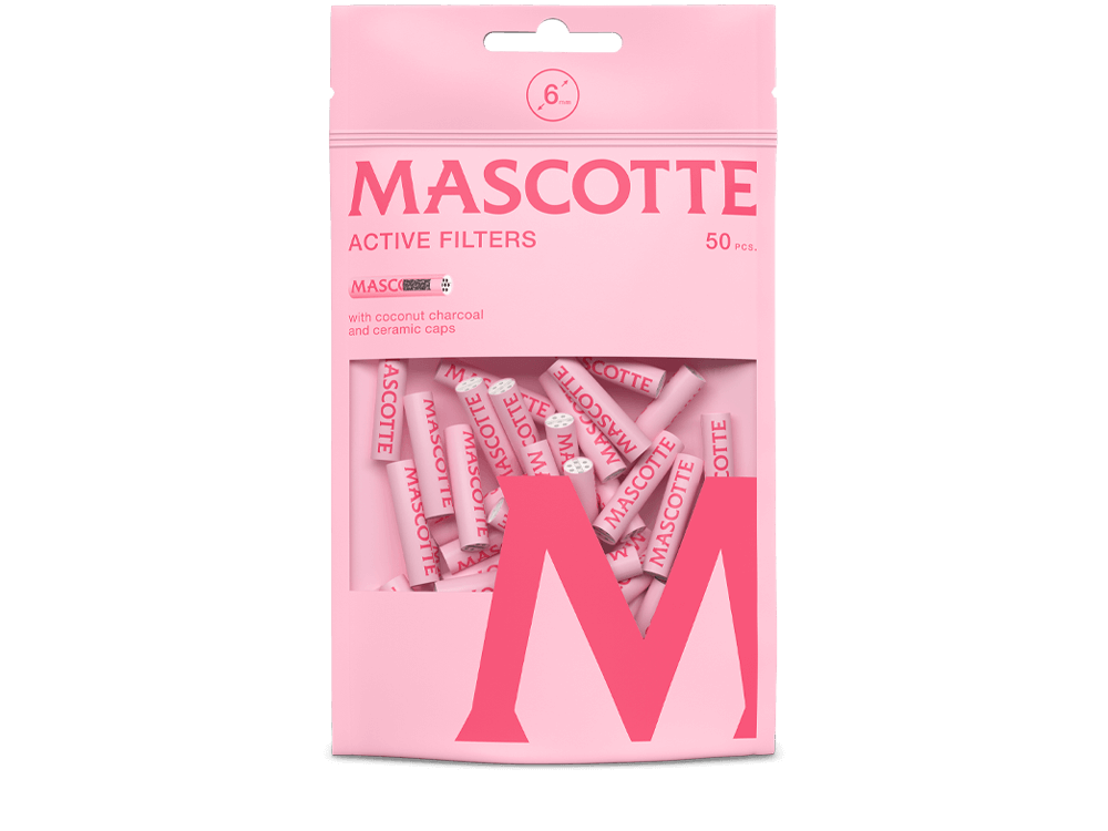 Mascotte Active Slim Filters Pink 50 in sprankelende roze verpakking met filters zichtbaar."