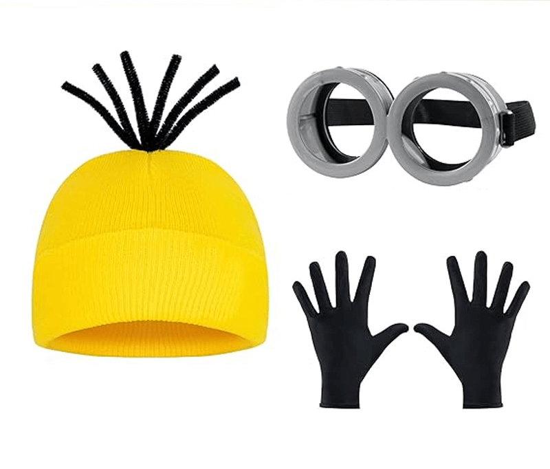 Minion verkleedset bestaande uit een gele muts met sprieten, een Minion-bril en zwarte handschoenen, perfect voor carnaval.